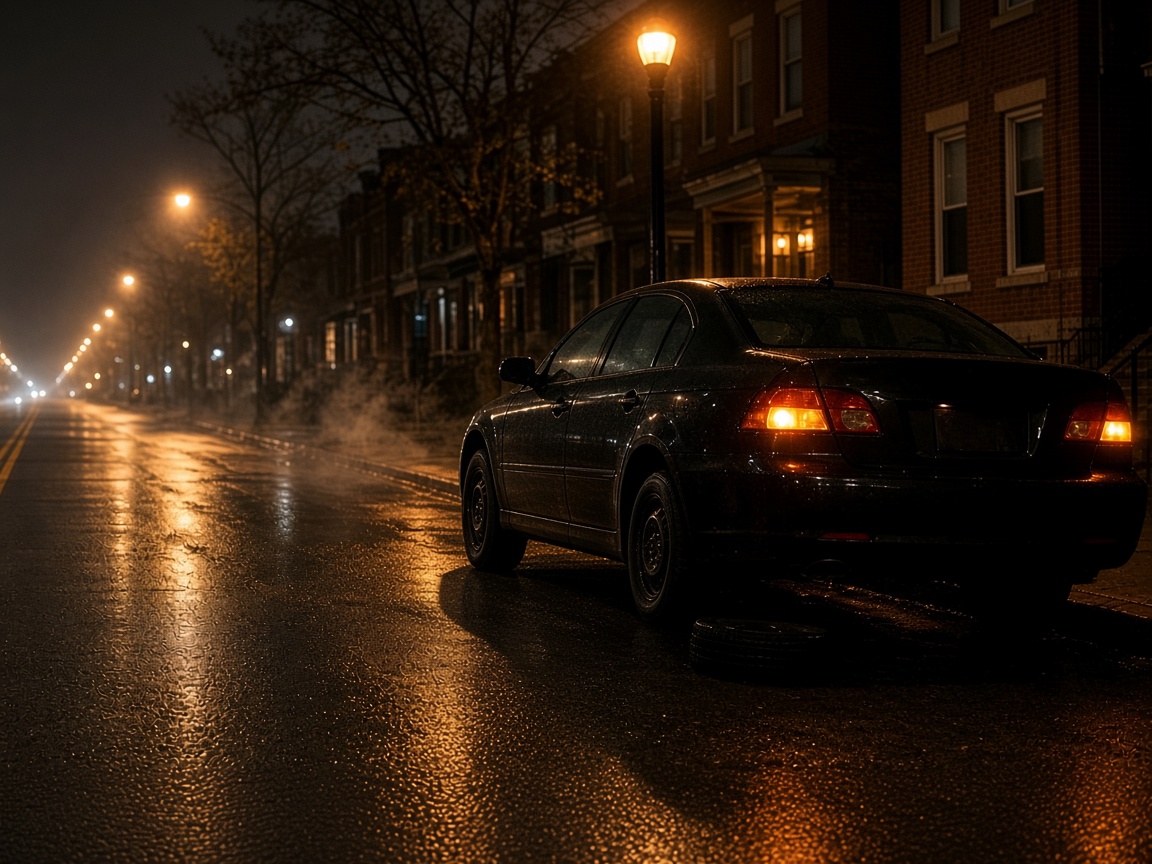 Wet Chicago street at night, a sedan parked under a streetlight with a spare tire on the ground.