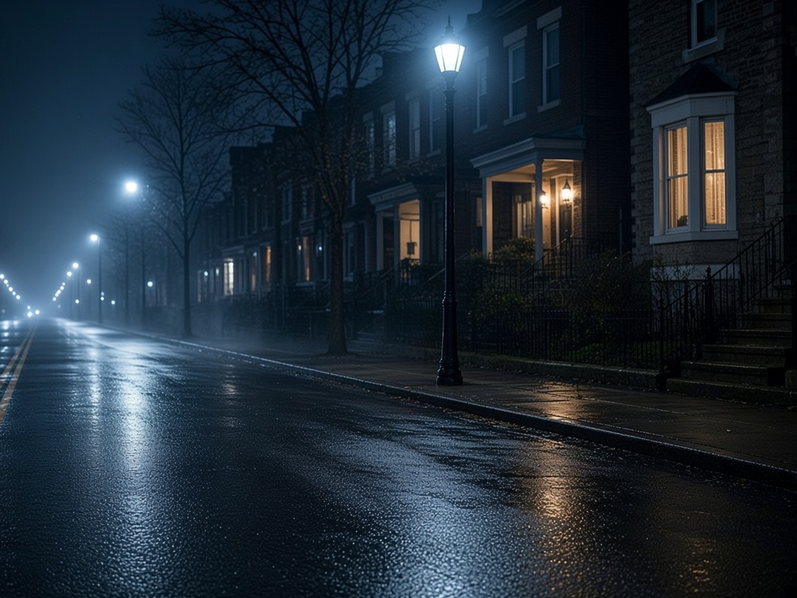 Quiet north-suburban street at night, cool streetlamps and warm windows on wet pavement.