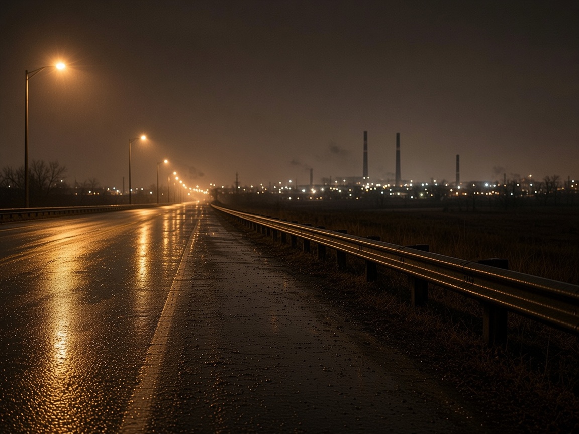 Wet highway shoulder at night with industrial lights and stacks on the horizon.