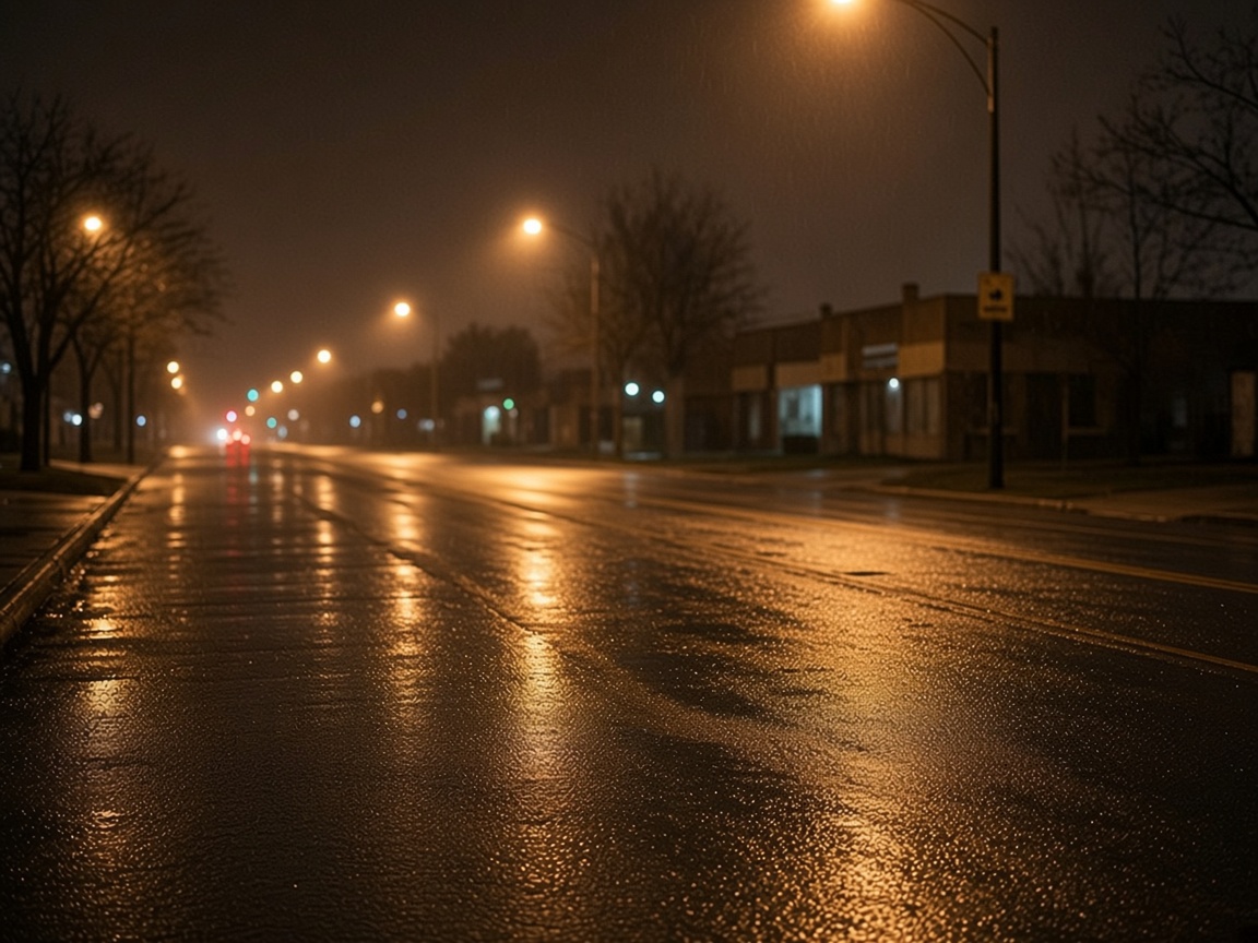 Rain-soaked suburban arterial at night, streetlights reflecting on the pavement.