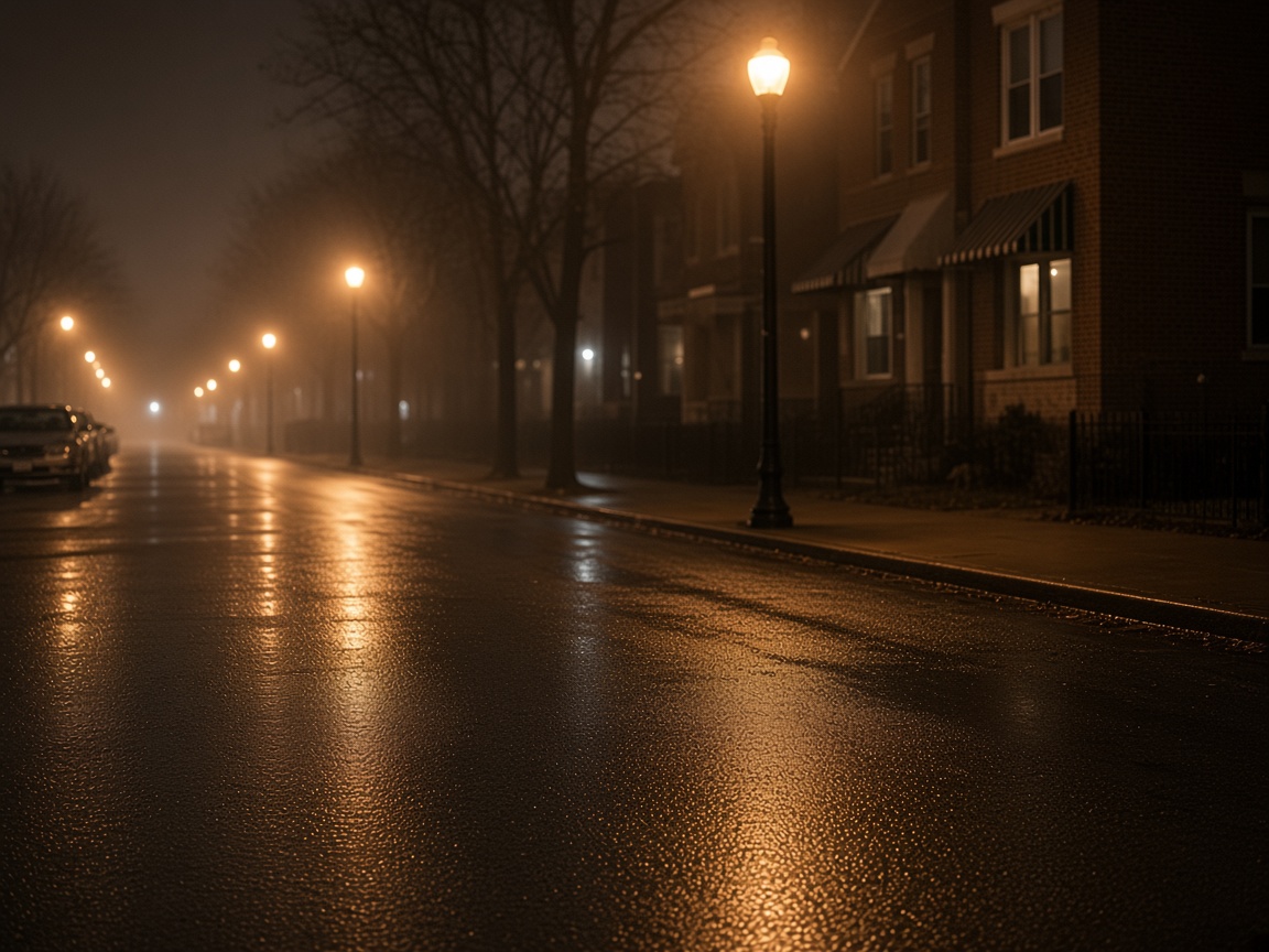 Foggy tree-lined west suburban street at night, wet pavement and brick houses.