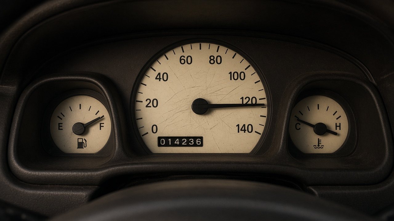 Night dash — the speedo and odometer count wheel turns, not true miles.