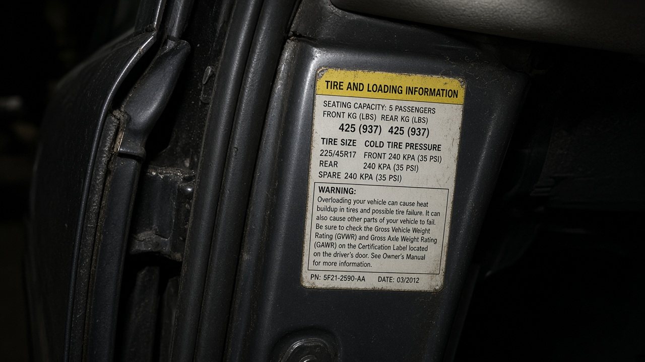 Factory tire size on a driver-door sticker.